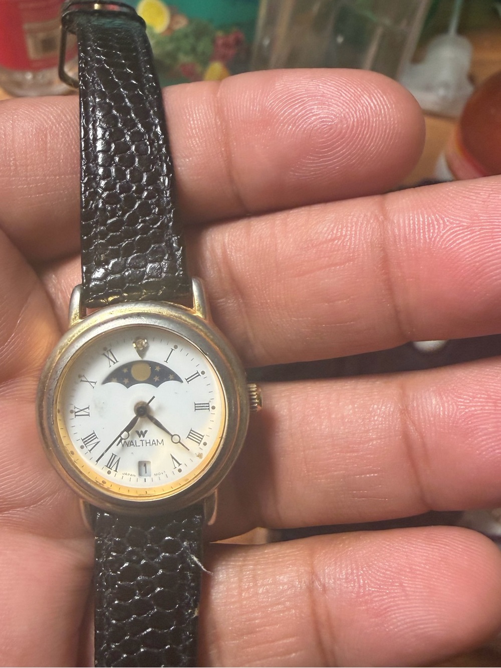 Waltham Women's Gold Tone Moonphase Watch with Black Leather Strap